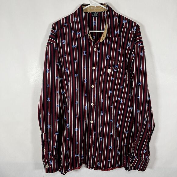 Vintage Phat Farm Button Up Shirt Mens XXL 2XL Red Striped Logo AOP French Cuff - Picture 1 of 13